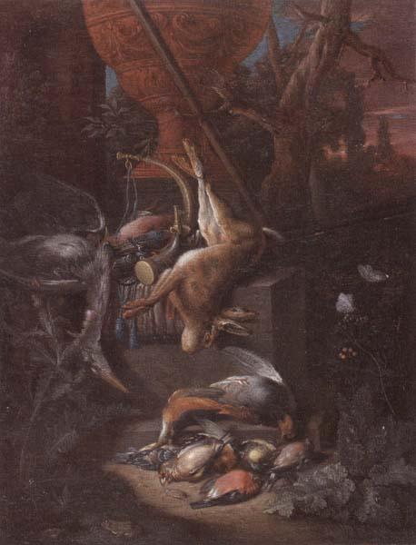 Pieter Gijsels A game still life of a hung hare,a brace of birds,a shotgun,hunting horn,and other objects,all arranged on a stone plinth and set in a landscape oil painting image